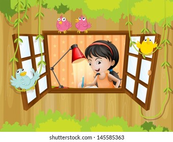 Illustration of a girl studying near the window with birds