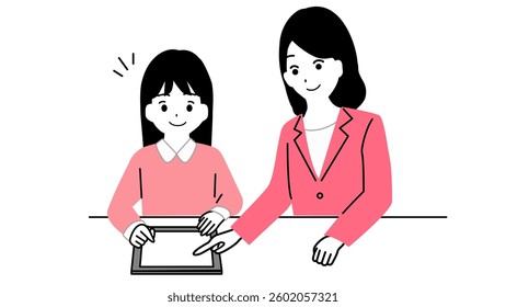 Illustration of a girl studying on a tablet and a female teacher instructing her.