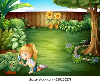 Illustration of a girl studying the plants in the garden