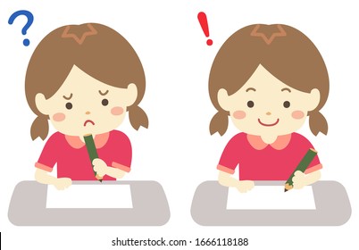Illustration of a girl studying that she can not understand the contents and the moment she understood it