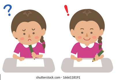 Illustration of a girl studying that she can not understand the contents and the moment she understood it