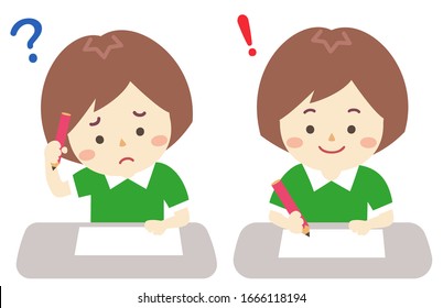 Illustration of a girl studying that she can not understand the contents and the moment she understood it