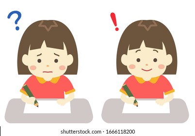 Illustration of a girl studying that she can not understand the contents and the moment she understood it
