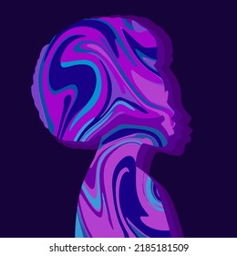 Illustration Of A Girl In The Style Of The 70s. Silhouette With Flowing Paint Inside. Bright Design On A Dark Background. Universal Use.