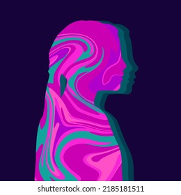 Illustration Of A Girl In The Style Of The 70s. Silhouette With Flowing Paint Inside. Bright Design On A Dark Background. Universal Use.