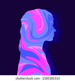 Illustration Of A Girl In The Style Of The 70s. Silhouette With Flowing Paint Inside. Bright Design On A Dark Background. Universal Use.