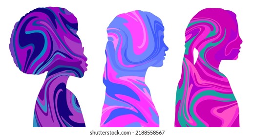 Illustration Of A Girl In The Style Of The 70s. Silhouette With Flowing Paint Inside. Bright Design.