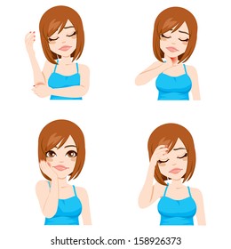Illustration of a girl suffering pain in different parts of the body