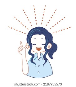 Illustration of a girl in a suit shirt with a cheerful, bright smile and positive suggestions.