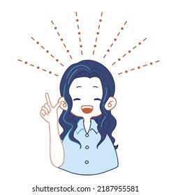 Illustration of a girl in a suit shirt with a cheerful, bright smile and positive suggestions.
