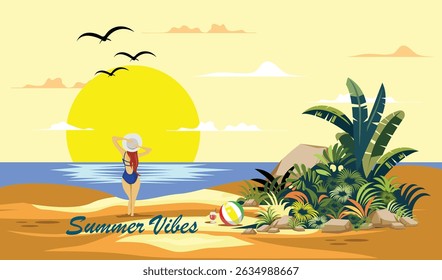 illustration of a girl in the summer beach. with the background of the sunrise and there are piles of grass in it and a clear sky and silhouettes of seagulls