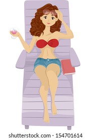 Illustration of a Girl Sunbathing While Lying on a Reclining Chair
