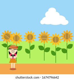 Illustration of girl in sunflower field. 