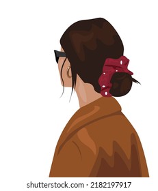 Illustration of a girl in sunglasses, coats and earrings. There is a fashionable hairstyle with an elastic band on my head. The concept of stylish accessories for a woman for hair.