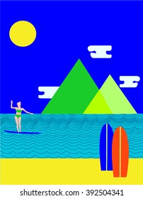  Illustration of a girl surfing at the beach. 