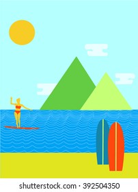  Illustration of a girl surfing at the beach. 