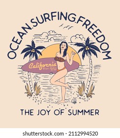  illustration of a girl with surfing in her hands. Original vector illustration in neon retro style. Suitable design for t-shirt.