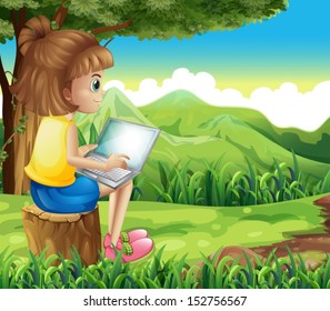 Illustration of a girl surfing the net at the forest