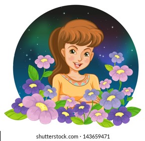 Illustration of a girl surrounded by flowers on a white background
