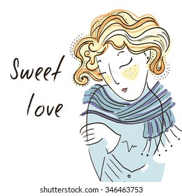 Illustration With Girl In Sweet Love. Hand Drawn Vector Illustration.