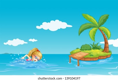 Illustration of a girl swimming near an island with a coconut tree