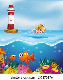 Illustration of a girl swimming near the lighthouse