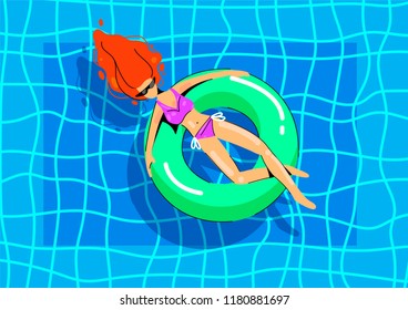 
illustration of a girl swimming in the pool on a green inflatable circle