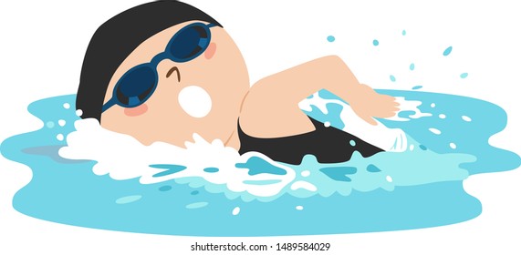 Illustration of a girl swimming in the pool.Crawl swimming.