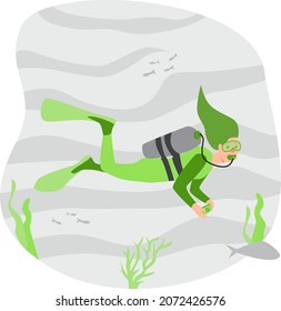 Illustration of a girl swimming underwater in a diving suit surrounded by fish