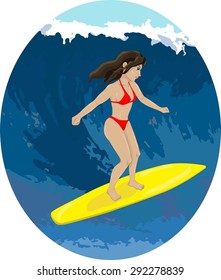 Illustration of a girl in a swimsuit on a surfboard riding a wave 