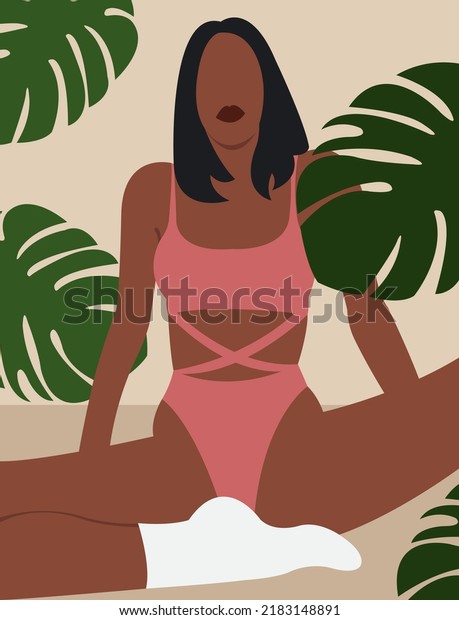 Illustration Girl Swimsuit Tropical Leaves On Stock Vector Royalty Free Shutterstock