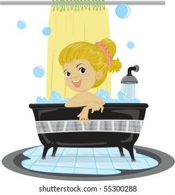 Illustration of A Girl Taking Bath on white background