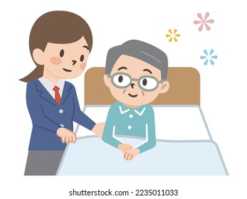 Illustration of a girl taking care of a grandfather lying in bed