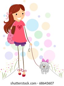 Illustration of a Girl Taking Her Dog for a Walk