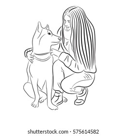 Illustration of a Girl Taking Her Siberian Husky for a Walk. Silhouette