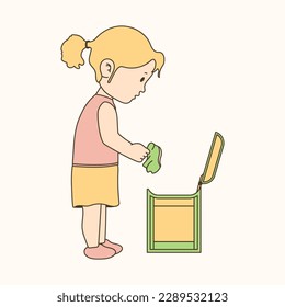 illustration of girl taking out trash, earth day celebration.