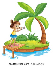 Illustration of a girl taking photos in the island on a white background