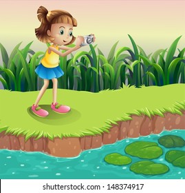 Illustration of a girl taking photos at the pond