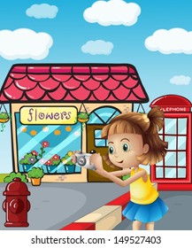 Illustration of a girl taking photos at the street