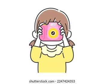 Illustration of a girl taking pictures with a kids camera.