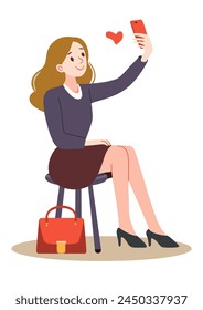 Illustration of a girl taking a selfie or having a video chat on a mobile phone