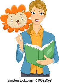 Illustration of a Girl Teacher Holding a Lion Mask and an Opened Story Book