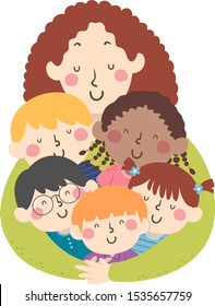 Illustration of a Girl Teacher Hugging Her Students, All Smiling from Inside