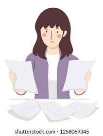 Illustration of a Girl Teacher Reviewing Two Papers, Reports or Reviews from Students