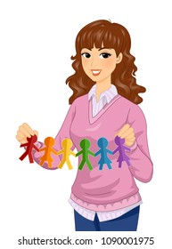 Illustration of a Girl Teacher Showing Paper Dolls in Rainbow Colors as support for LGBT