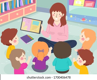 Illustration of a Girl Teacher Showing a Tablet Computer to Student Kids