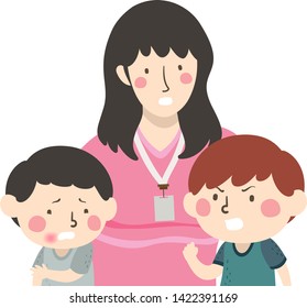 Illustration of a Girl Teacher Talking to Kids Boys, an Angry Kid and an Injured One