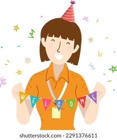 Illustration of Girl Teacher Wearing Party Hat Holding Bunting Banner with Words Welcome for Start of Classes