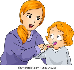 Ilustración de una niña enseñando a su hija, una niña pequeña cómo cepillarse los dientes