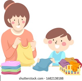 Illustration Of A Girl Teaching Her Son How To Fold Clean Clothes From Laundry Basket